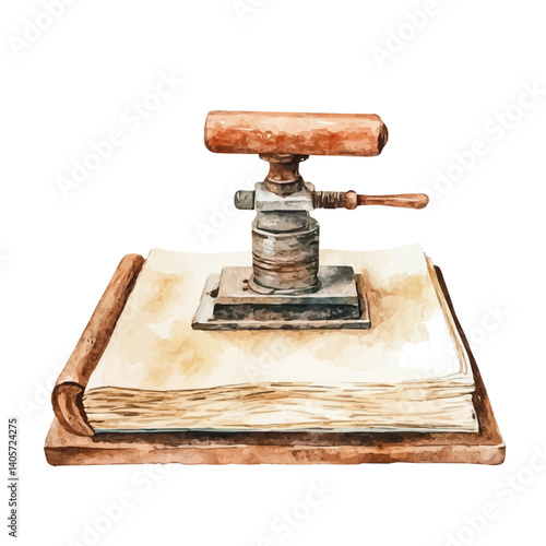 Vintage Book Press With Wooden Handle, watercolor vector, isolated on a white background.
