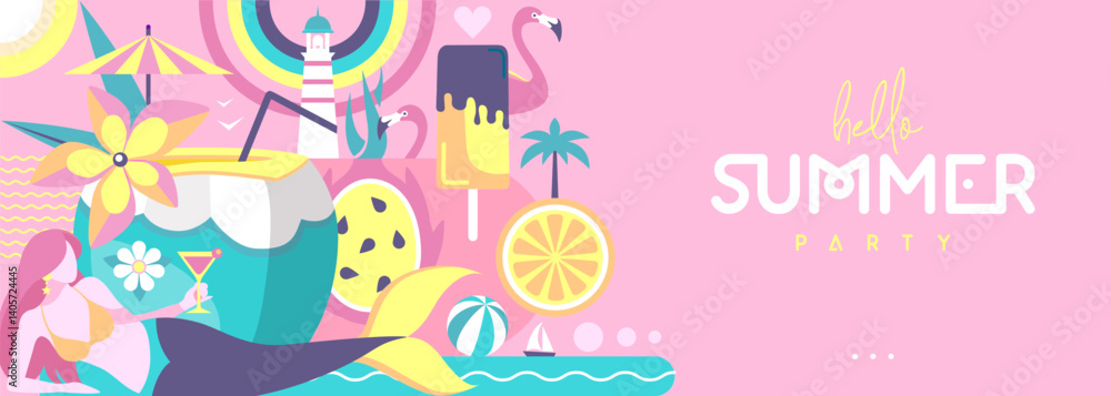 Hello Summer flat poster or banner with mermaid, cocktails, flamingo, tropic fruits and rainbow. Vector illustration Hello Summer flat poster or banner with mermaid, cocktails, flamingo, tropic fruits and rainbow. Vector illustration