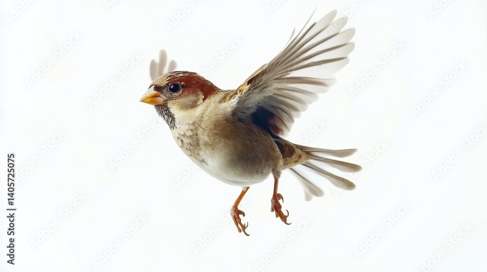 Fototapeta premium Sparrow soaring gracefully in mid-air captured with motion blur against a clear white backdrop