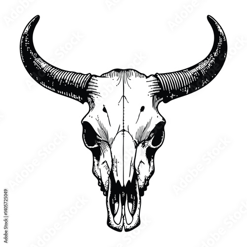 Black and white steer skull illustration with long curved horns – detailed line art vector with fine texture and shading, isolated on plain background for western, tattoo, or rustic design use