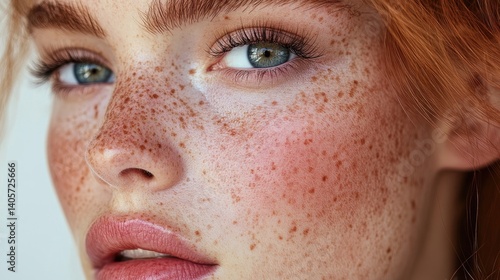 Face of a woman with freckles and reddish hair, showing detailed skin and blue eyes in close-up view photo