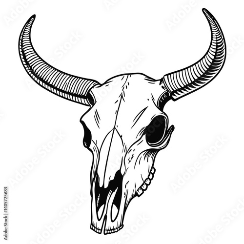 Black and white steer skull illustration with long curved horns – detailed line art vector with fine texture and shading, isolated on plain background for western, tattoo, or rustic design use