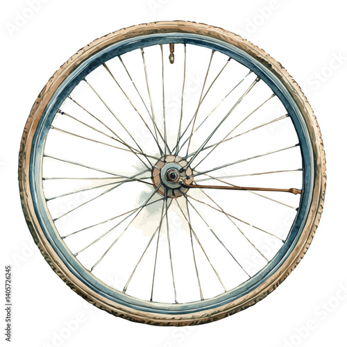 Vintage Bicycle Wheel With Rotating Spokes, vector watercolor illustration, isolated on a white background.