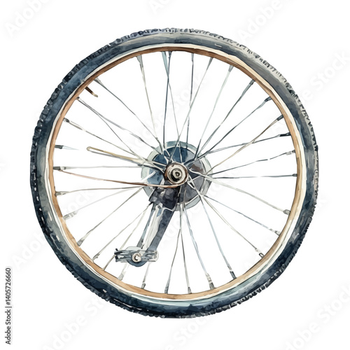 Vintage Bicycle Wheel With Rotating Spokes, watercolor vector, isolated on a white background.