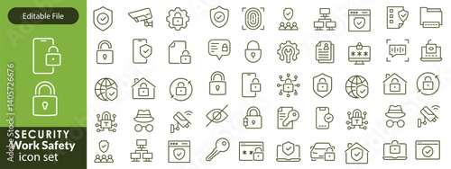 Work Safety editable stroke outline web icons set. Safety first, hazard, protection, health, insurance, regulations, helmet and work. Vector illustration