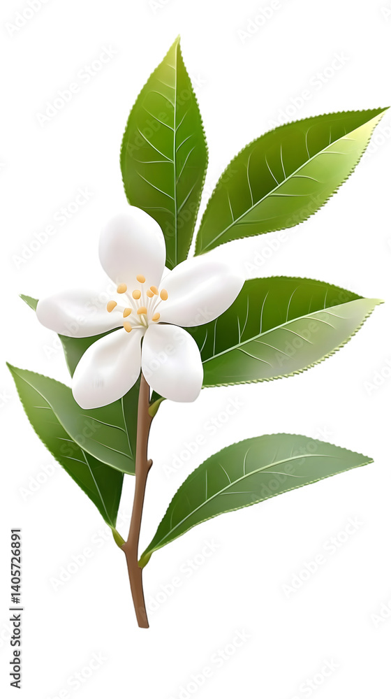 Fototapeta premium Isolated White Blossom with Green Leaves PNG Floral Illustration