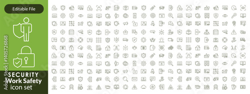 Work Safety editable stroke outline web icons set. Safety first, hazard, protection, health, insurance, regulations, helmet and work. Vector illustration
