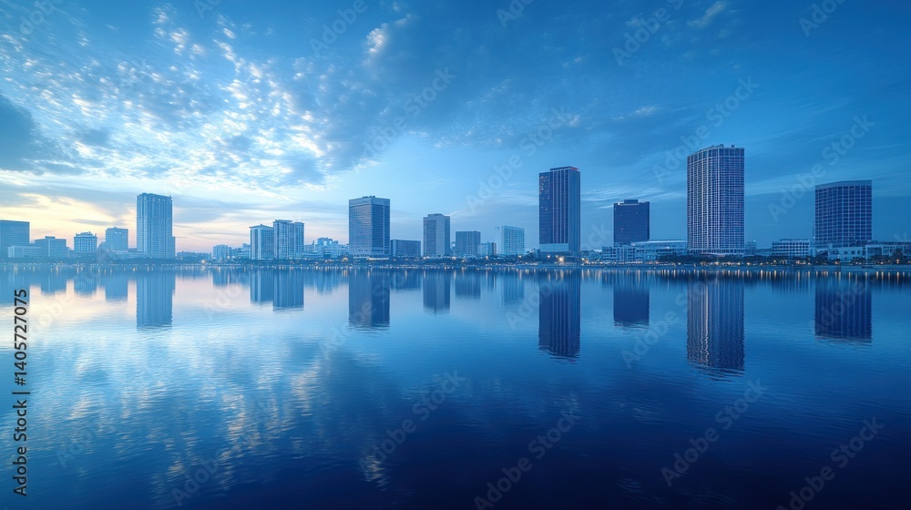 Fototapeta premium Calm cityscape reflecting in tranquil water at dawn