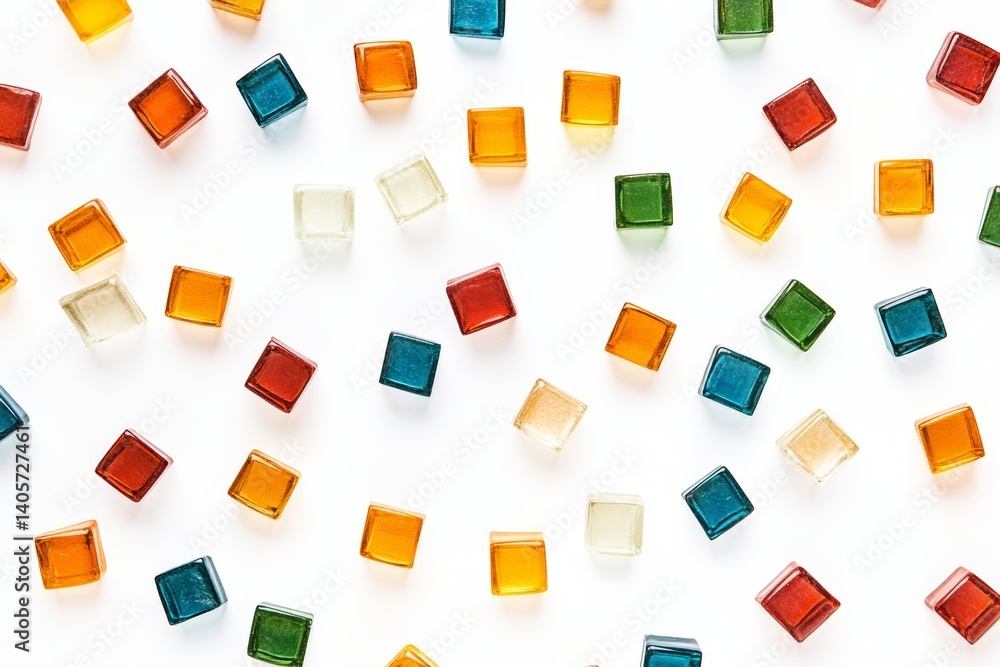 Colorful square candies scattered on white background