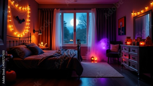A spooky Halloween themed bedroom with a full moon, pumpkins, lanterns, fairy lights, and a spider web bed. This spooky yet cozy decor really sets the party mood.