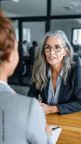 A woman in a gray suit is smiling at another woman. The woman in the gray suit is wearing glasses and has a serious look on her face. The other woman is smiling and he is happy