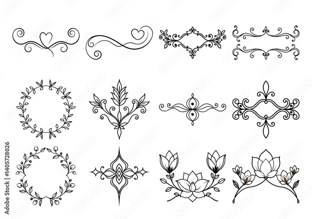 Obraz premium Unique floral divider terms element set of general and specific on white background