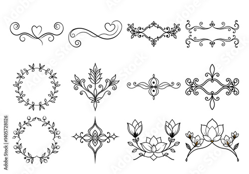 Unique floral divider terms element set of general and specific on white background