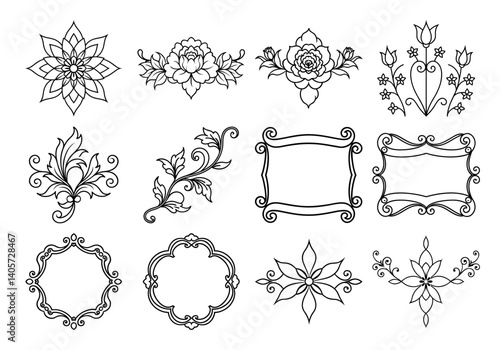 Unique floral divider terms element set of general and specific on white background