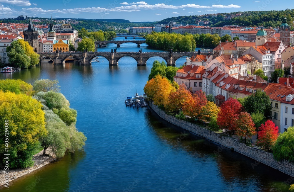 Obraz premium Panoramic view of Prague city with Charles Bridge, colorful buildings, and bridges over the River.