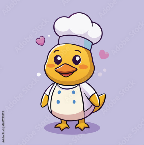 Cartoon Duck Chef Character Wearing Chef Hat And Uniform With Hearts