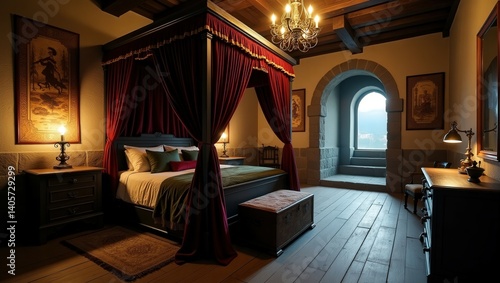 A medieval bedroom with a large four-poster bed draped in deep red curtains exudes historical charm. Stone walls, wooden floors, sconces and chandeliers emit a warm glow. A chest add rustic elegance