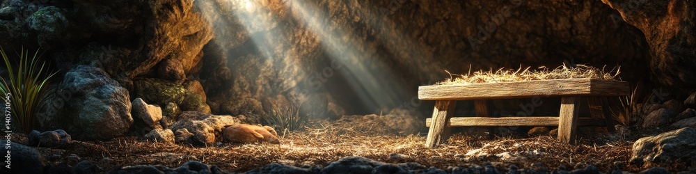 Fototapeta premium Emmanuel: The Nativity Tale. A Wooden Manger Set Against a Cave Backdrop, Celebrating the Birth of Jesus Christ and the Hope of the Season