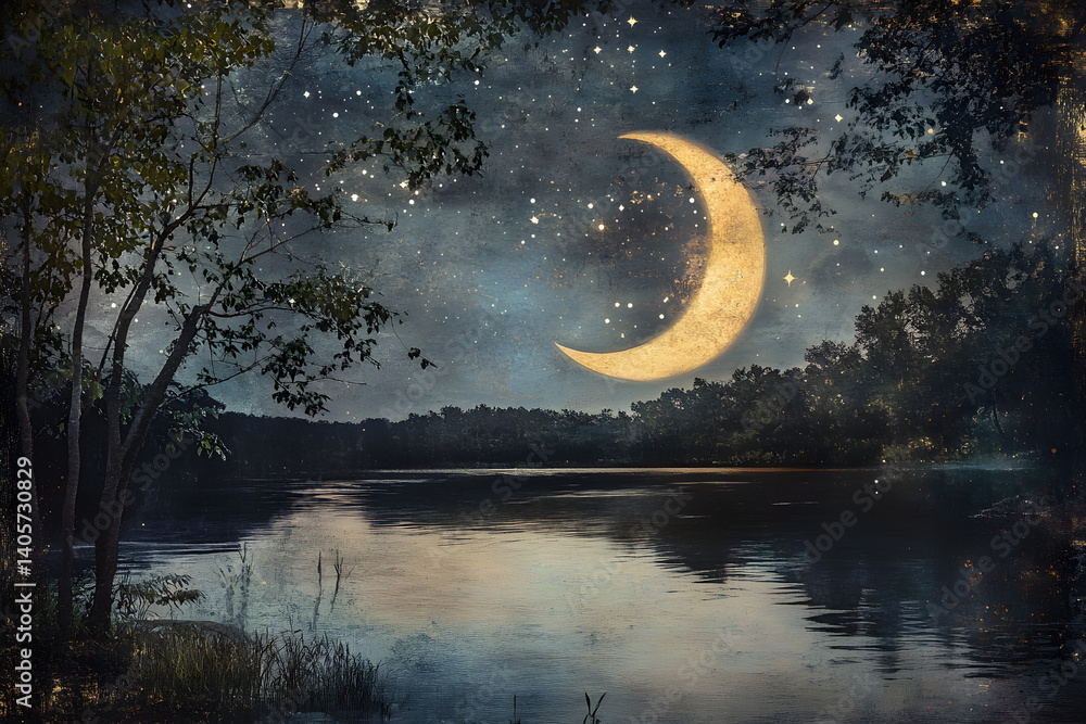 Fototapeta premium Moonlit Serenity: Embracing Tranquil Reflections on a Half-Moon Night