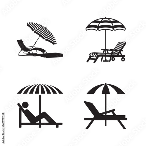 Beach Bliss: Silhouette of beach umbrella and beach chair, evoking the feeling of a sunny getaway. Simple black and white imagery.