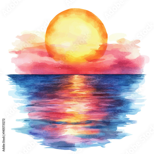 Vibrant Summer Sunset Over The Ocean, vector watercolor illustration, isolated on a white background.