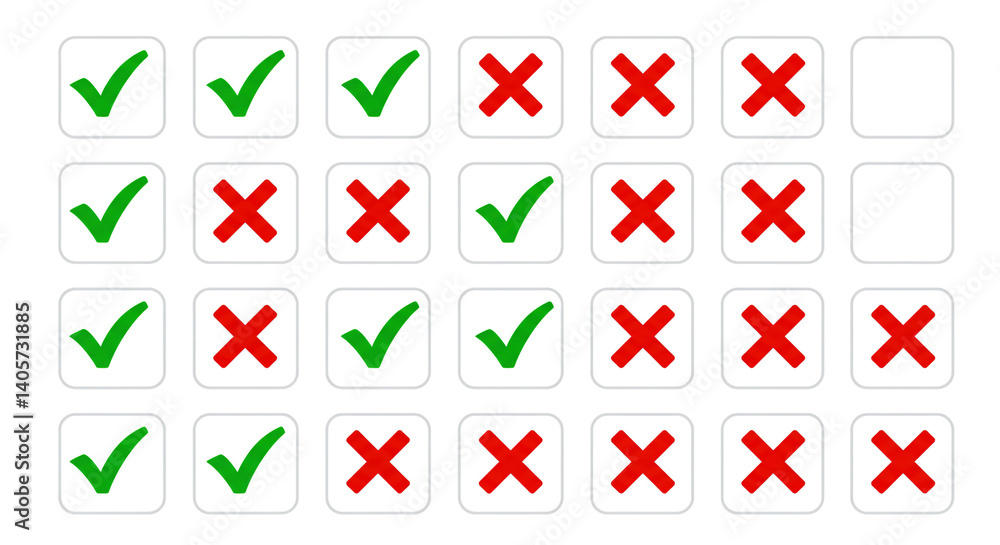 A grid of green checkmarks and red crosses representing decisions, choices, and results, conveying a sense of assessment and evaluation in a simple, clear design. A grid of green checkmarks and red crosses representing decisions, choices, and results, conveying a sense of assessment and evaluation in a simple, clear design.