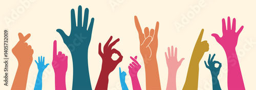 Raised hands. People raising hand at the concert. Colorful Silhouettes of hands making gestures on concert crowd. Teamwork, collaboration, voting, volunteering concert. Vector illustration