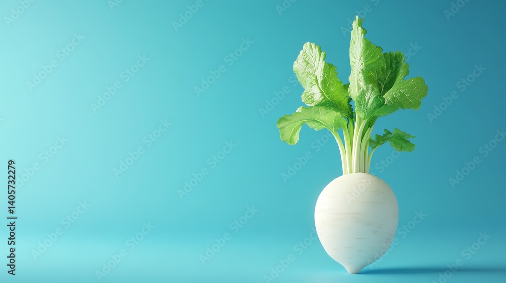 Fresh white radish with green leaves on a bright blue background. 3d soft pastel pop Fresh white radish with green leaves on a bright blue background. 3d soft pastel pop
