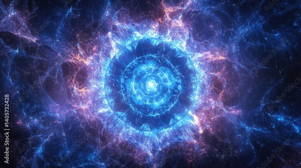 A vibrant, swirling vortex of electric blue and violet energy, resembling a cosmic eye or nebula. Intricate fractal patterns radiate from the center A vibrant, swirling vortex of electric blue and violet energy, resembling a cosmic eye or nebula. Intricate fractal patterns radiate from the center