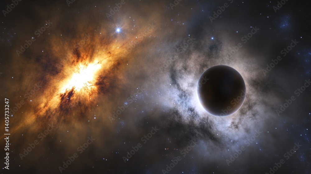 Obraz premium A celestial black hole devouring a distant star amidst ethereal nebulae in cosmic blues and violets