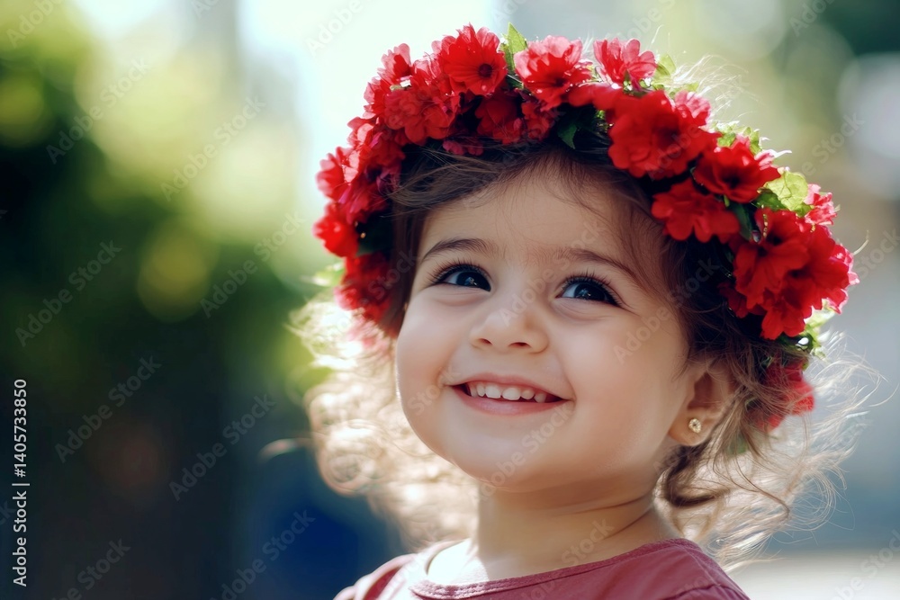 Happy middle eastern toddler girl wearing red flower circlet on her head. Sunny daylight. Happy sunny days symbol. Young girl surrounded by blossoms. Young girl with natural elegance. Happy middle eastern toddler girl wearing red flower circlet on her head. Sunny daylight. Happy sunny days symbol. Young girl surrounded by blossoms. Young girl with natural elegance.
