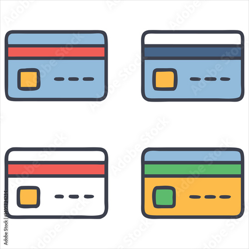 Credit Card Icon Set in Solid, Outline, Flat, and 3D Styles with Chip, Stripe, and Bank Variants

