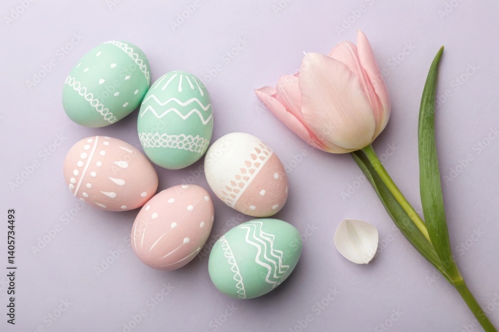 Pastel Easter Eggs with Tulips on Purple Background, Festive Spring Decor Pastel Easter Eggs with Tulips on Purple Background, Festive Spring Decor