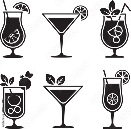 Alcoholic cocktails silhouette vector illustration isolated On Transparent Background