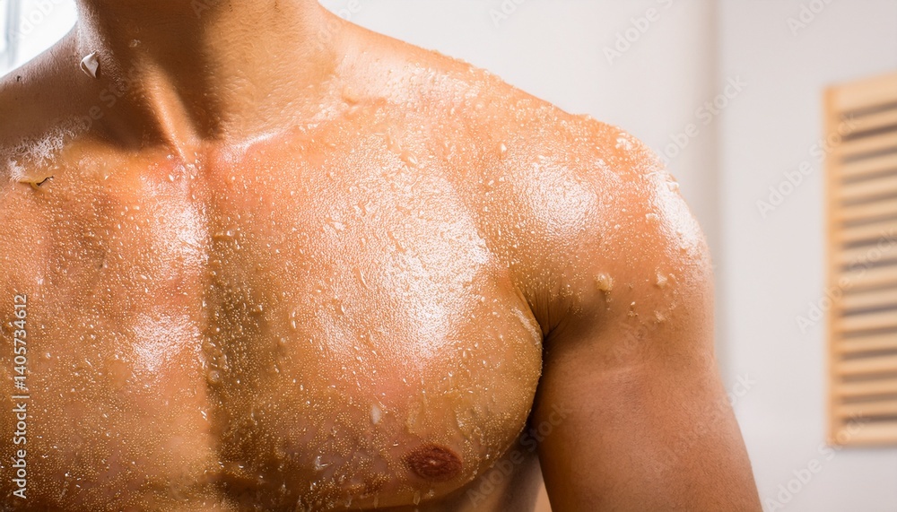 A close-up shot of a muscular person's wet chest. The glistening skin shows the details of the physique A close-up shot of a muscular person's wet chest. The glistening skin shows the details of the physique
