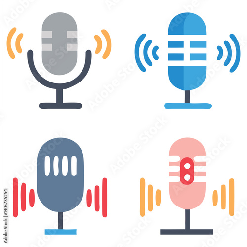 Microphone Icon Set Featuring Sound Waves, Volume Bar, Equalizer, and Voice Recording Symbols

