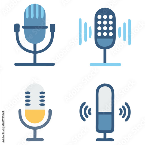 Microphone Icon Set Featuring Sound Waves, Volume Bar, Equalizer, and Voice Recording Symbols

