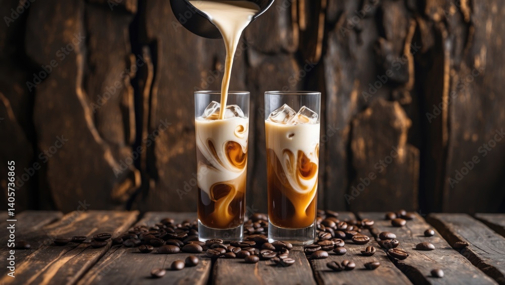 Refreshing iced coffee in a tall glass with cream and coffee beans on a dark wooden backdrop.