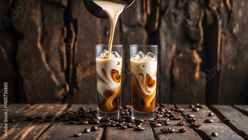 Obraz na płótnie Refreshing iced coffee in a tall glass with cream and coffee beans on a dark wooden backdrop. w salonie