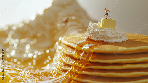 Pancake mountain with syrup waterfall and small people
