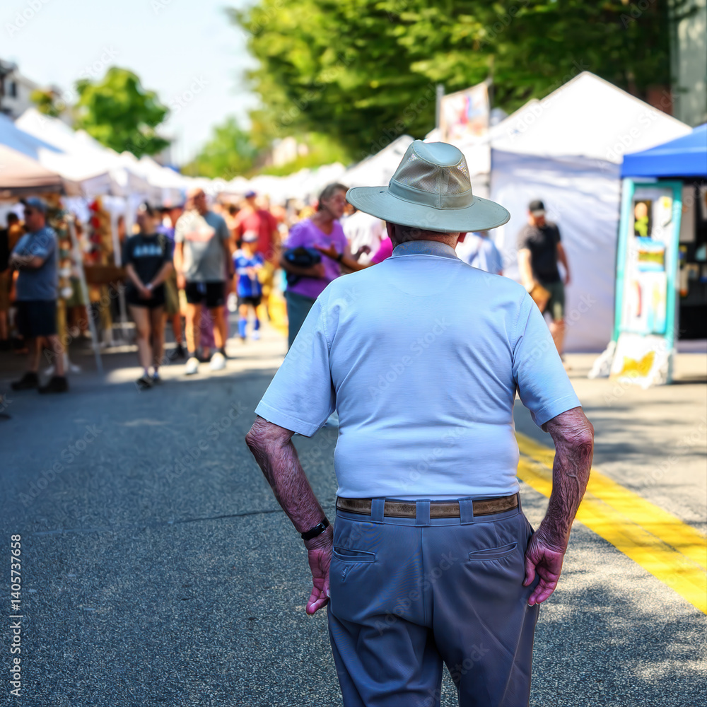 Obraz premium An elderly man is looking into the crowd to find his wife, who has wandered off ahead of him at a Craft Fair in Hershey, PA. Male senior citizen with hat and short-sleeved shirt.