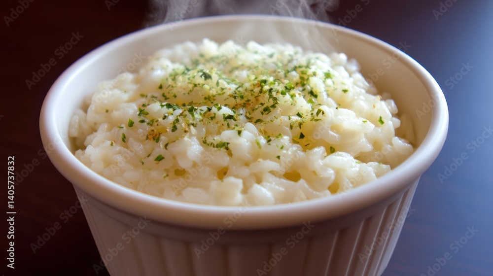 A steaming bowl of creamy risotto with parmesan cheese and herbs - view creamy shavings garnish