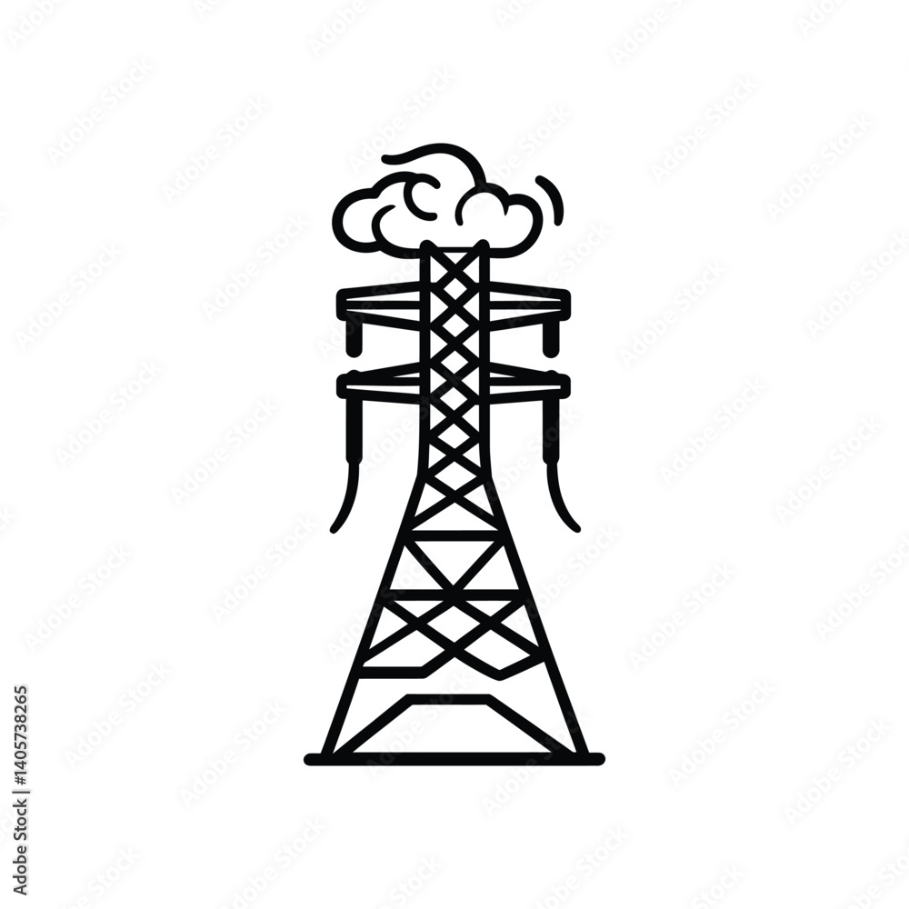Minimalist Line Art Electric Tower with Cloud on Transparent Background Minimalist Line Art Electric Tower with Cloud on Transparent Background