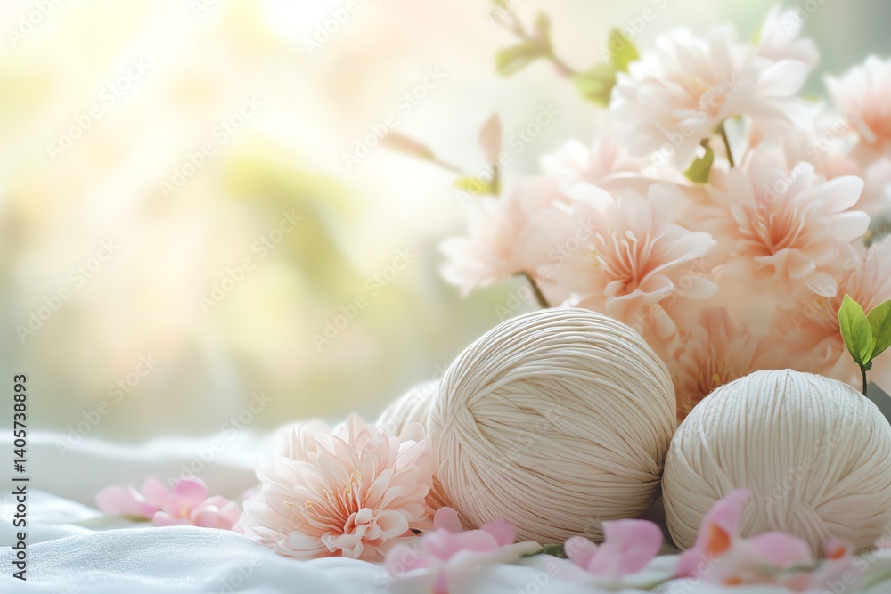 Soft yarn balls and delicate flowers create a serene crafting atmosphere. 3d soft pastel pop Soft yarn balls and delicate flowers create a serene crafting atmosphere. 3d soft pastel pop