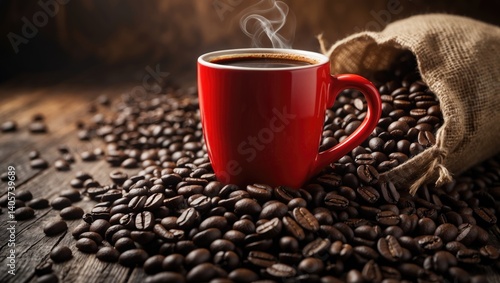 Steaming coffee in a red mug surrounded by a mound of coffee beans spilled from a bag on the table