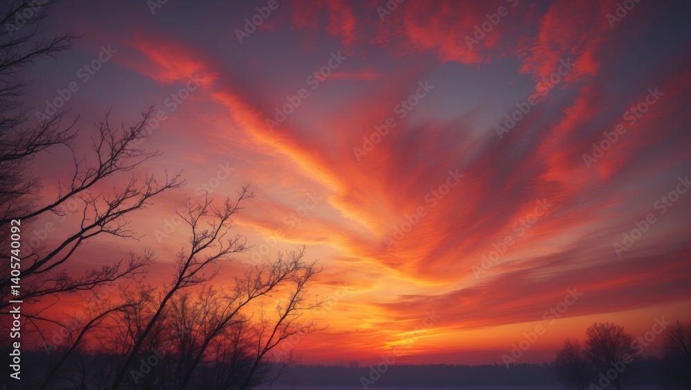 Obraz premium Crimson and orange hues in the evening sky