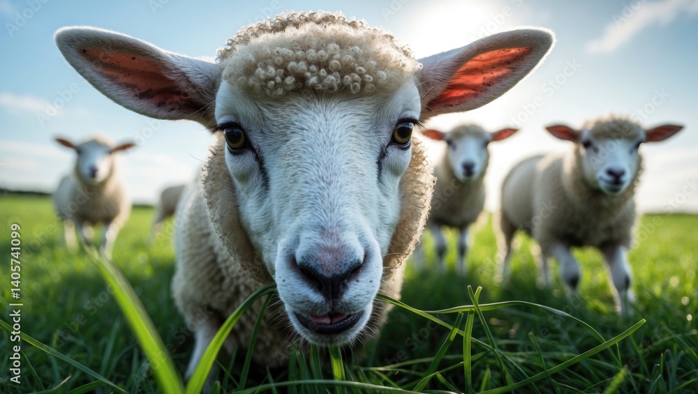Fototapeta premium Sheep feeding on grass. Fresh hues. Lamb close-up view. Humorous cute sheep wandering in the pasture. Lambs posing for the lens. Endearing sheep.