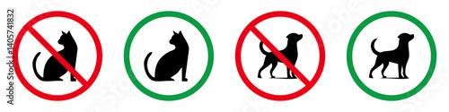 Pet policy symbol icons. Vector signs indicating cat and dog allowed or not allowed zones. Animal access icons for public spaces, parks, buildings, hotels, and pet friendly or restricted areas.