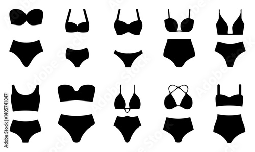 Silhouette set of women’s swimwear icons. Bikini set for girls isolated. Monokini, high waist, strapless, and modern swimsuit styles for summer fashion, Beachwear, or lingerie. Vector Illustration.