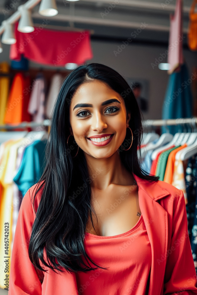 Smiling Woman Browsing Trendy Clothes in a Boutique Smiling Woman Browsing Trendy Clothes in a Boutique